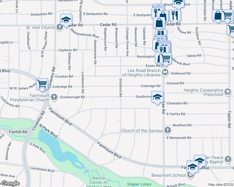 map of restaurants, bars, coffee shops, grocery stores, and more near 3020 Coleridge Road in Cleveland Heights