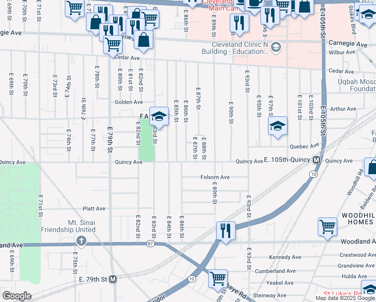 map of restaurants, bars, coffee shops, grocery stores, and more near 2338 East 86th Street in Cleveland