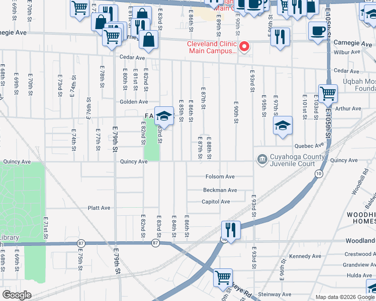 map of restaurants, bars, coffee shops, grocery stores, and more near 2338 East 86th Street in Cleveland