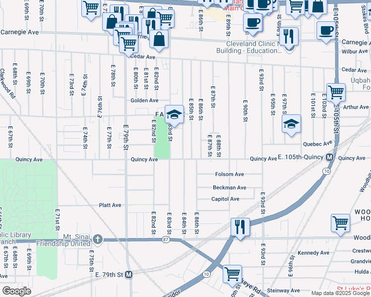map of restaurants, bars, coffee shops, grocery stores, and more near 2361 East 84th Street in Cleveland