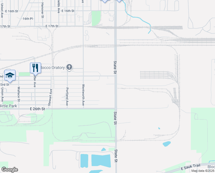 map of restaurants, bars, coffee shops, grocery stores, and more near 462 East 23rd Street in Chicago Heights