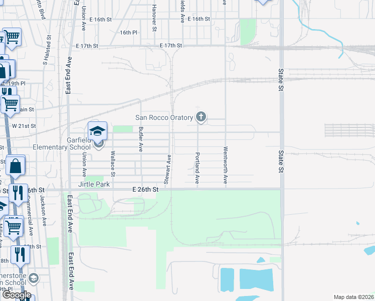 map of restaurants, bars, coffee shops, grocery stores, and more near 293 East 23rd Street in Chicago Heights