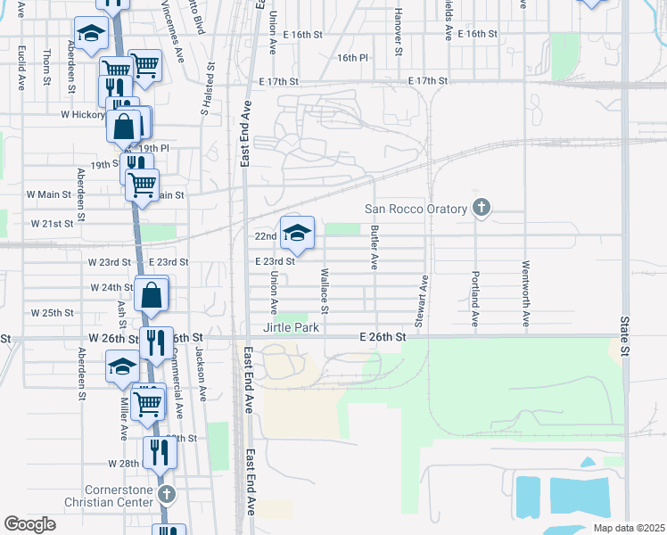 map of restaurants, bars, coffee shops, grocery stores, and more near 175 East 23rd Street in Chicago Heights