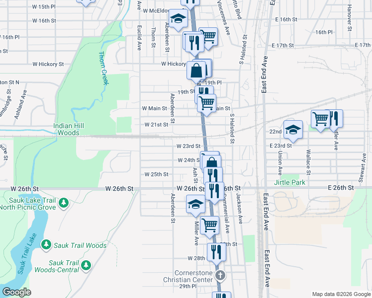 map of restaurants, bars, coffee shops, grocery stores, and more near 34 West 23rd Street in Chicago Heights