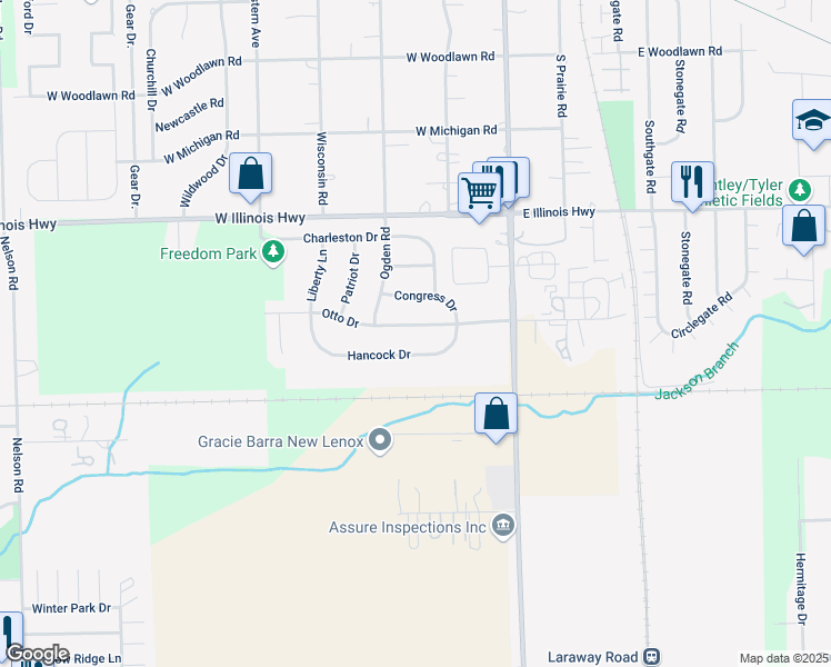 map of restaurants, bars, coffee shops, grocery stores, and more near 247 Otto Drive in New Lenox