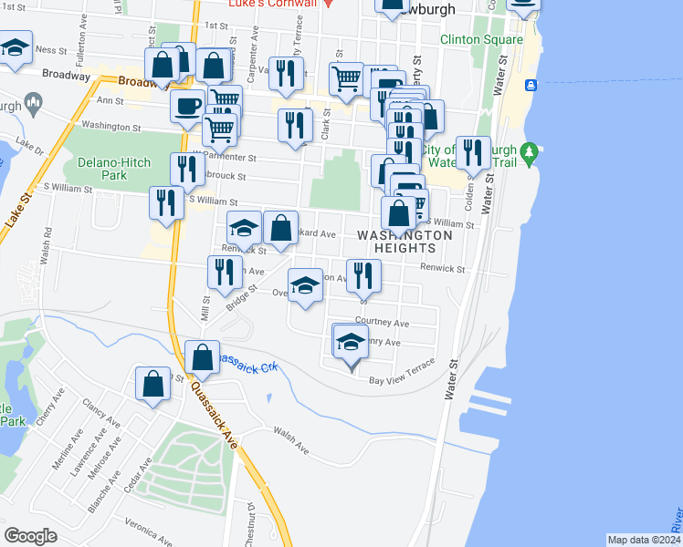 map of restaurants, bars, coffee shops, grocery stores, and more near 96 Carson Avenue in Newburgh