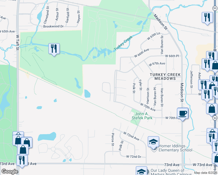 map of restaurants, bars, coffee shops, grocery stores, and more near 6934 Fillmore Drive in Merrillville