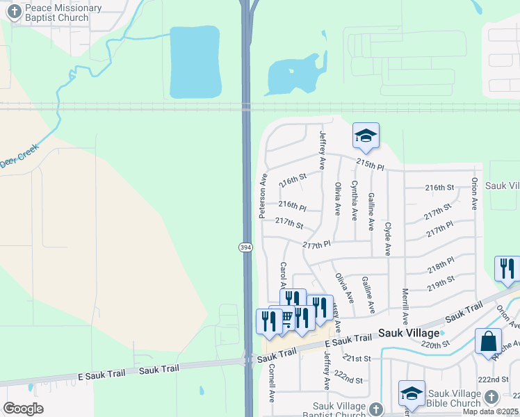 map of restaurants, bars, coffee shops, grocery stores, and more near 21654 Peterson Avenue in Chicago Heights