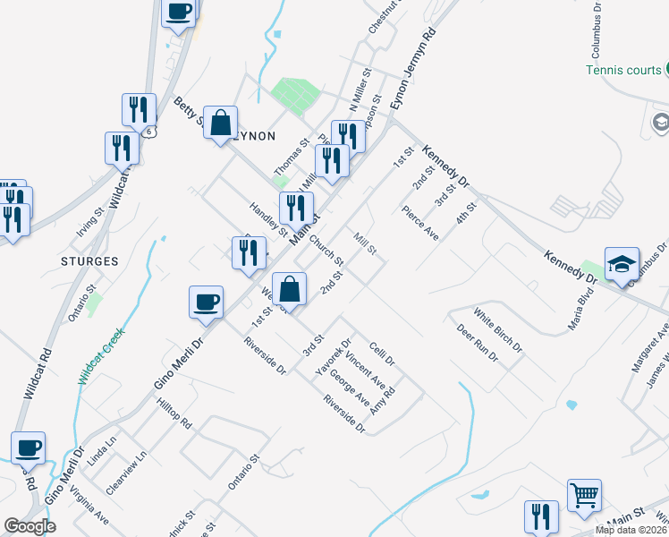 map of restaurants, bars, coffee shops, grocery stores, and more near 411 2nd Avenue in Jessup