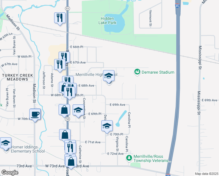 map of restaurants, bars, coffee shops, grocery stores, and more near 276 East 68th Place in Merrillville