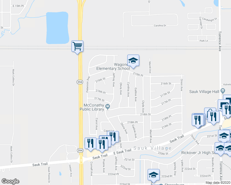 map of restaurants, bars, coffee shops, grocery stores, and more near 21633 Jeffrey Avenue in Sauk Village
