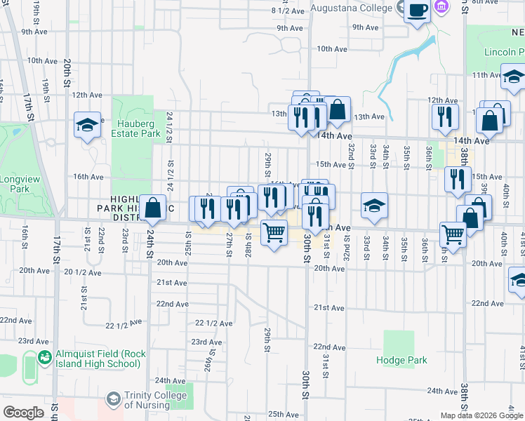 map of restaurants, bars, coffee shops, grocery stores, and more near 1627 29th Street in Rock Island