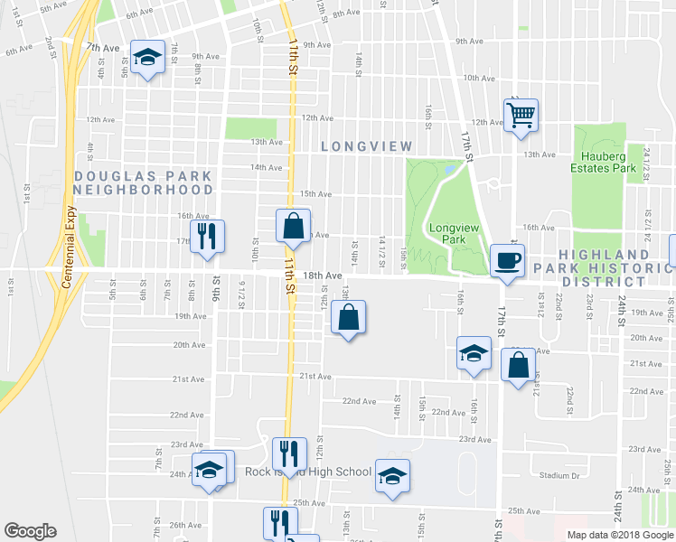 map of restaurants, bars, coffee shops, grocery stores, and more near 1215 18th Avenue in Rock Island