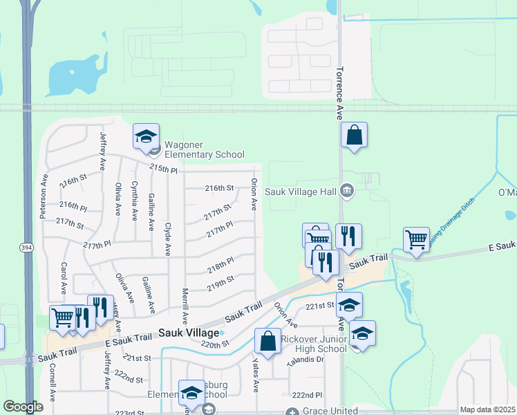 map of restaurants, bars, coffee shops, grocery stores, and more near 21733 Orion Avenue in Sauk Village