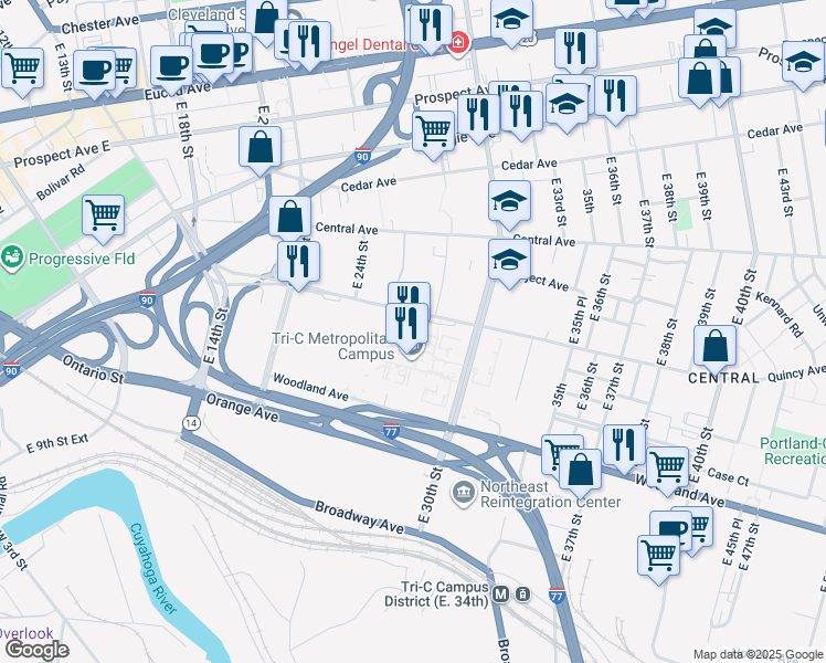 map of restaurants, bars, coffee shops, grocery stores, and more near 2900 Community College Avenue in Cleveland