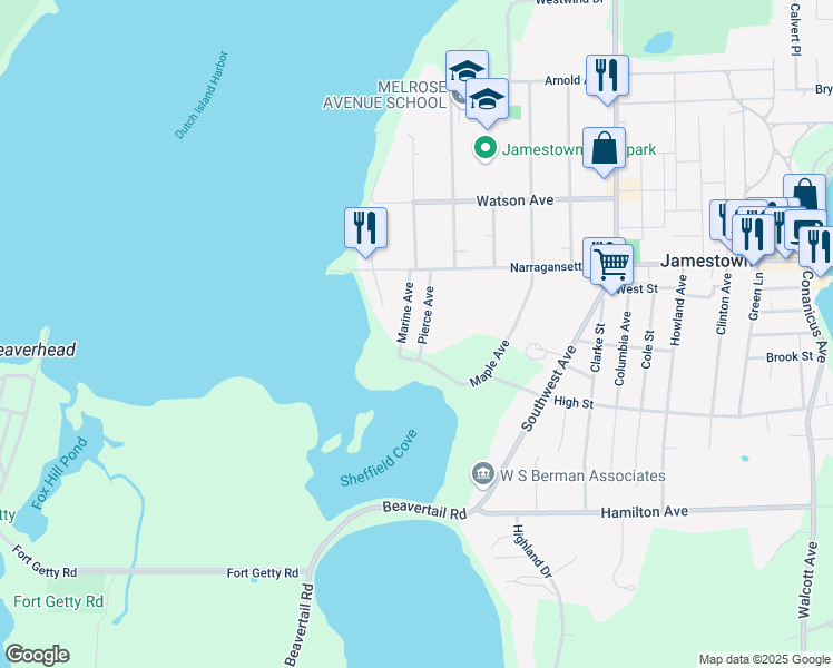 map of restaurants, bars, coffee shops, grocery stores, and more near 24 Pierce Avenue in Jamestown
