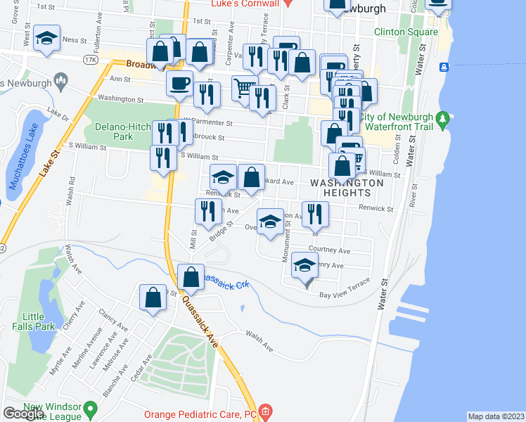 map of restaurants, bars, coffee shops, grocery stores, and more near 143 William Street in Newburgh