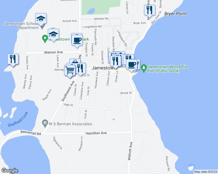 map of restaurants, bars, coffee shops, grocery stores, and more near 37 Clinton Avenue in Jamestown