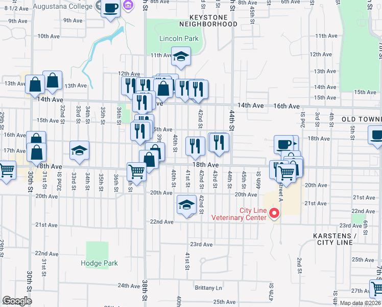 map of restaurants, bars, coffee shops, grocery stores, and more near 1536 41st Street in Rock Island