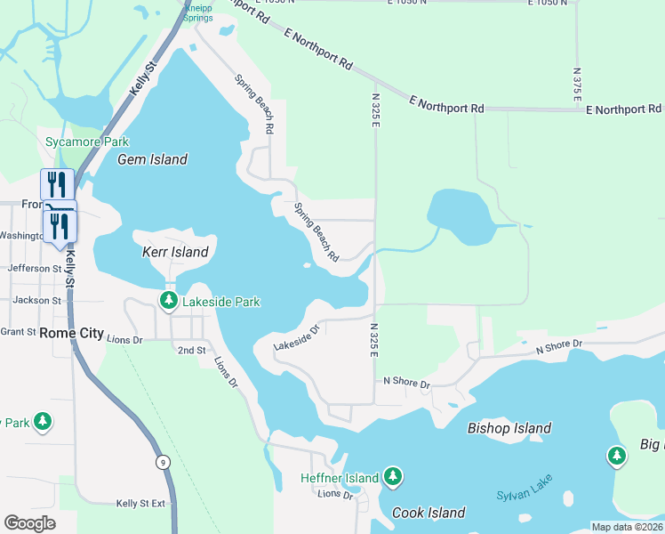 map of restaurants, bars, coffee shops, grocery stores, and more near 685-799 Spring Beach Road in Rome City