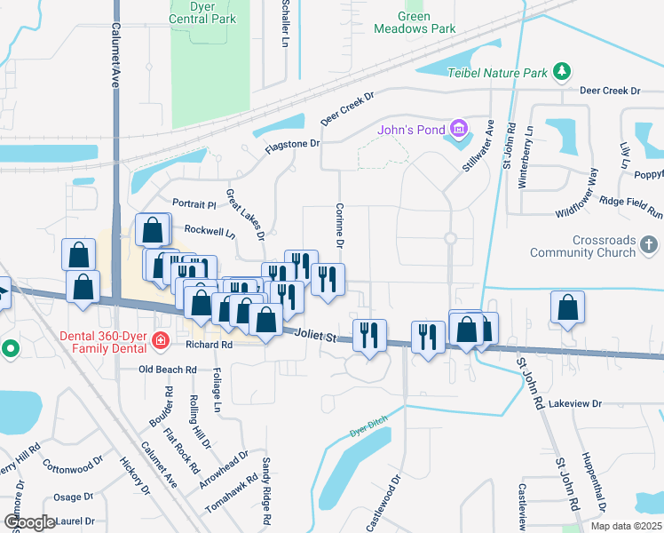 map of restaurants, bars, coffee shops, grocery stores, and more near 2027 Corinne Drive in Dyer