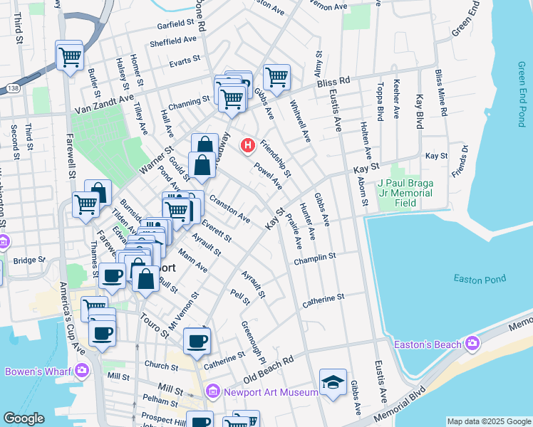 map of restaurants, bars, coffee shops, grocery stores, and more near 37 Rhode Island Avenue in Newport