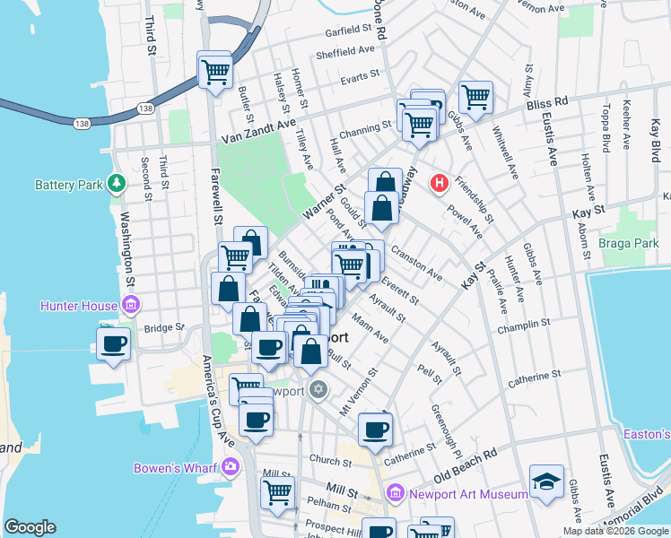 map of restaurants, bars, coffee shops, grocery stores, and more near 8 Pearl Street in Newport