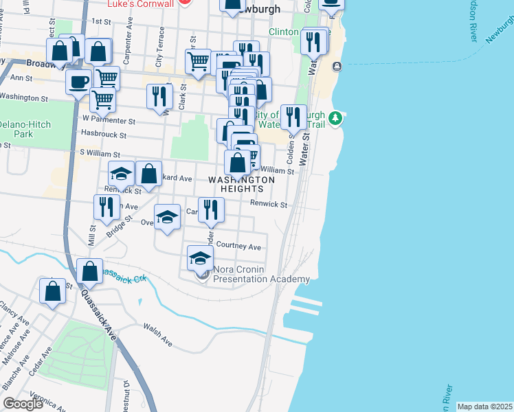 map of restaurants, bars, coffee shops, grocery stores, and more near 2-8 Johnes Street in Newburgh