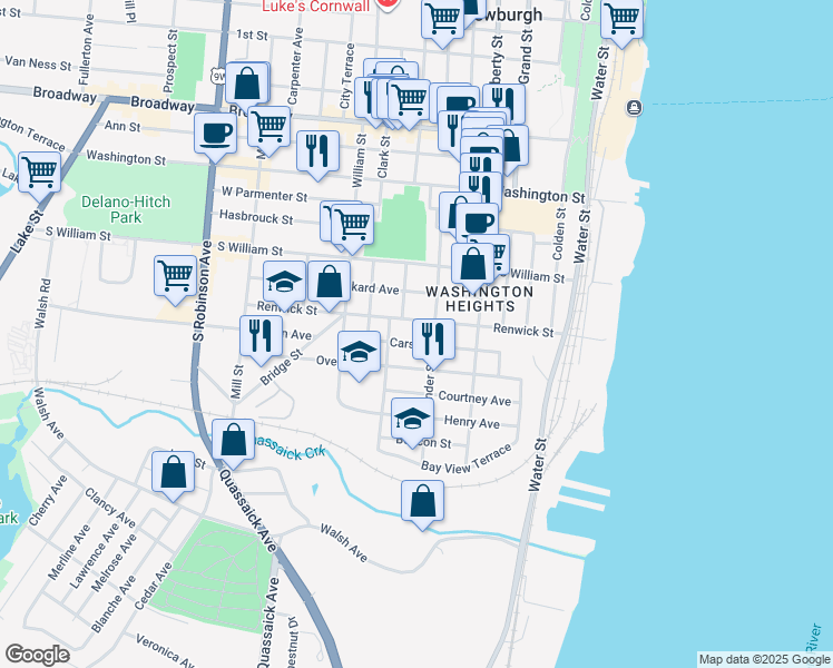map of restaurants, bars, coffee shops, grocery stores, and more near 121 Renwick Street in Newburgh
