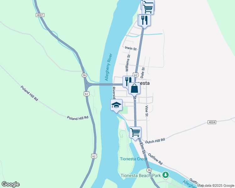 map of restaurants, bars, coffee shops, grocery stores, and more near 101 Bridge Street in Tionesta
