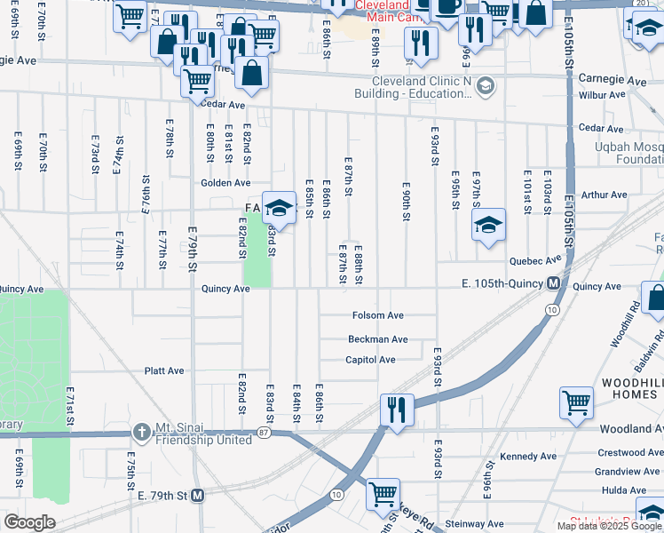 map of restaurants, bars, coffee shops, grocery stores, and more near 2338 East 86th Street in Cleveland