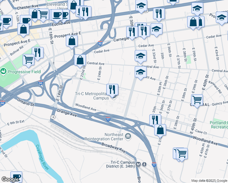 map of restaurants, bars, coffee shops, grocery stores, and more near 2715 Community College Avenue in Cleveland