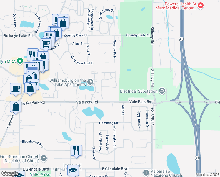 map of restaurants, bars, coffee shops, grocery stores, and more near 2700 Gleneagles Boulevard in Valparaiso