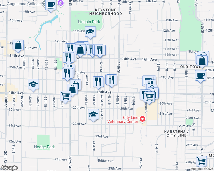 map of restaurants, bars, coffee shops, grocery stores, and more near 1537 43rd Street in Rock Island