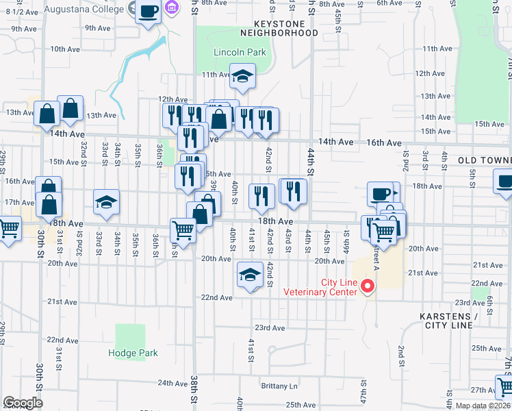 map of restaurants, bars, coffee shops, grocery stores, and more near 1536 41st Street in Rock Island