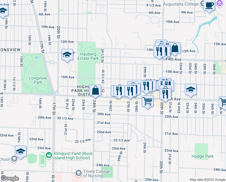 map of restaurants, bars, coffee shops, grocery stores, and more near 1701 25th Street in Rock Island