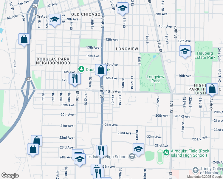 map of restaurants, bars, coffee shops, grocery stores, and more near 1627 12th Street in Rock Island