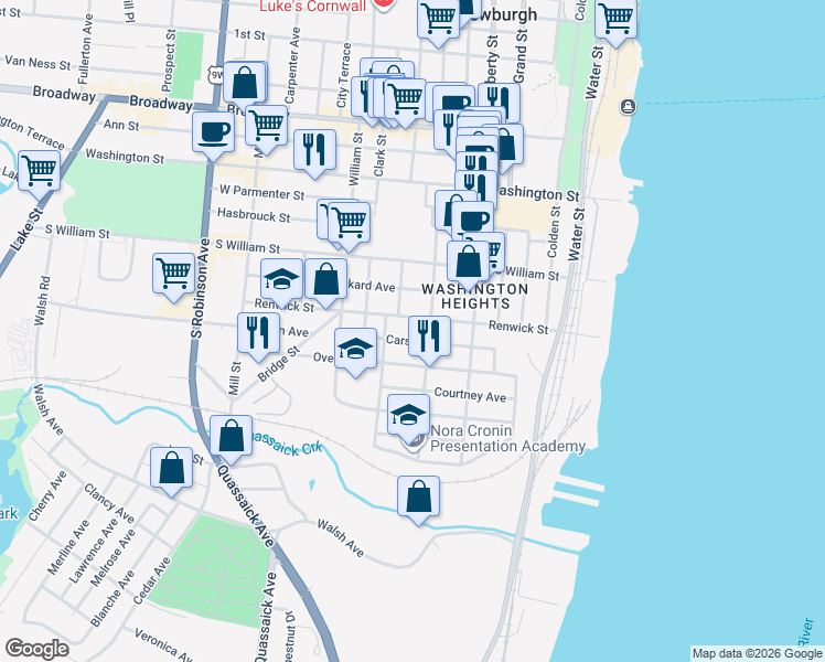 map of restaurants, bars, coffee shops, grocery stores, and more near 121 Renwick Street in Newburgh