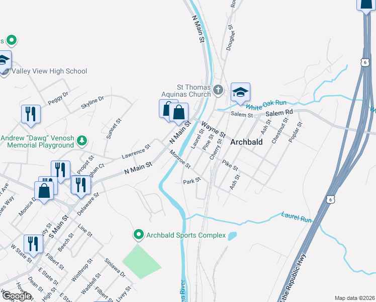 map of restaurants, bars, coffee shops, grocery stores, and more near 264 Laurel St in Archbald