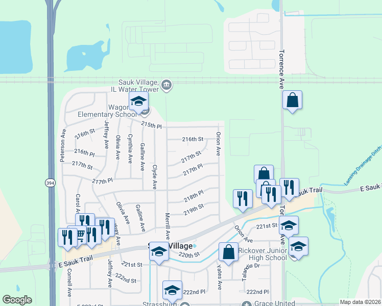 map of restaurants, bars, coffee shops, grocery stores, and more near 2105 217th Street in Sauk Village