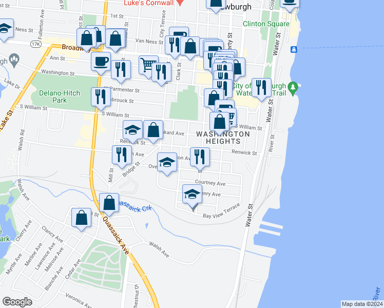 map of restaurants, bars, coffee shops, grocery stores, and more near 86 Carson Avenue in Newburgh