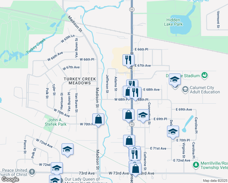 map of restaurants, bars, coffee shops, grocery stores, and more near 6790 Adams Street in Merrillville