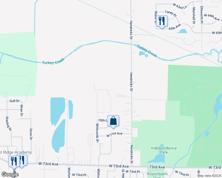 map of restaurants, bars, coffee shops, grocery stores, and more near 6803 Wallace Street in Merrillville