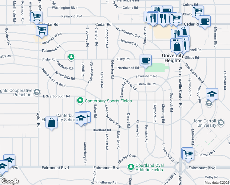 map of restaurants, bars, coffee shops, grocery stores, and more near 2388 Edgerton Road in University Heights