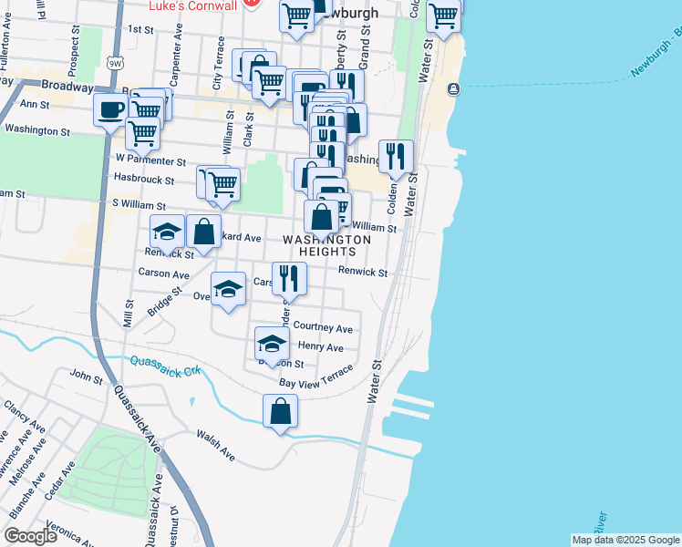 map of restaurants, bars, coffee shops, grocery stores, and more near 75 Renwick Street in Newburgh