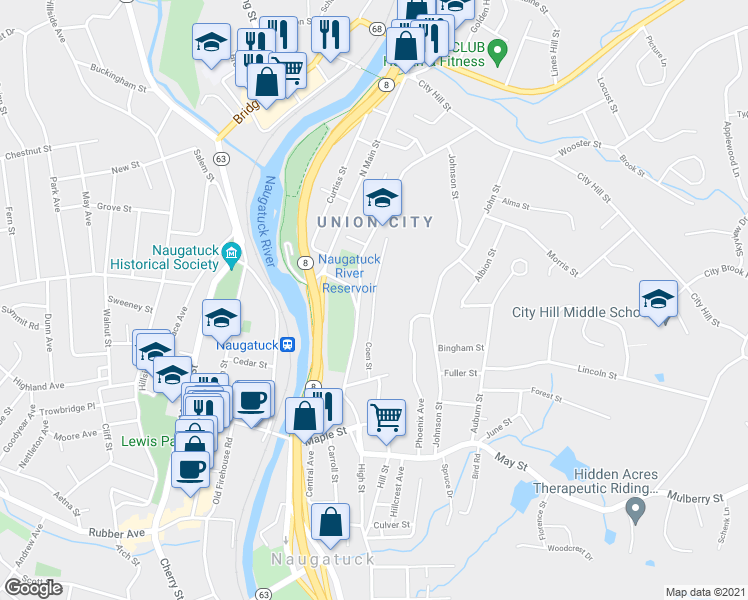 map of restaurants, bars, coffee shops, grocery stores, and more near 1 Coen Street in Naugatuck