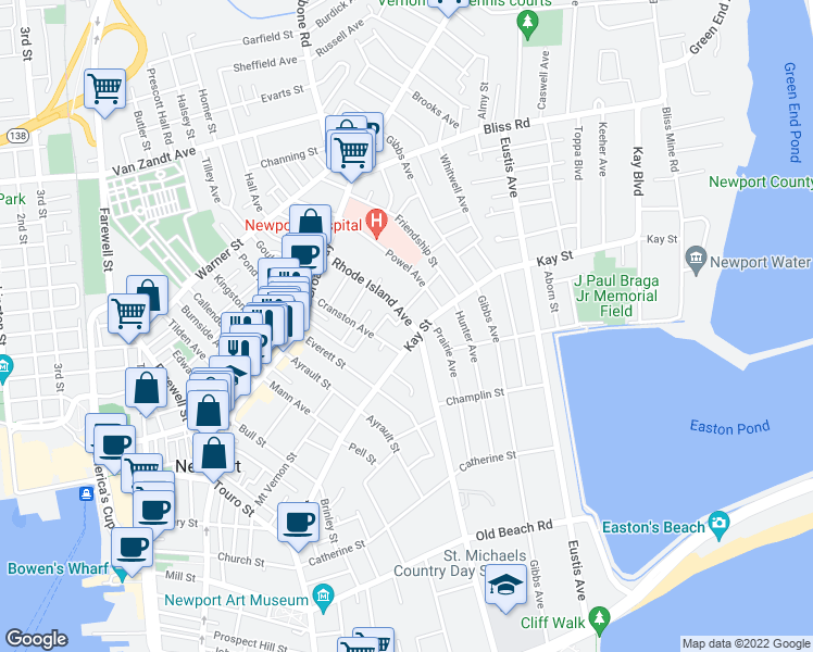 map of restaurants, bars, coffee shops, grocery stores, and more near 43 Rhode Island Avenue in Newport