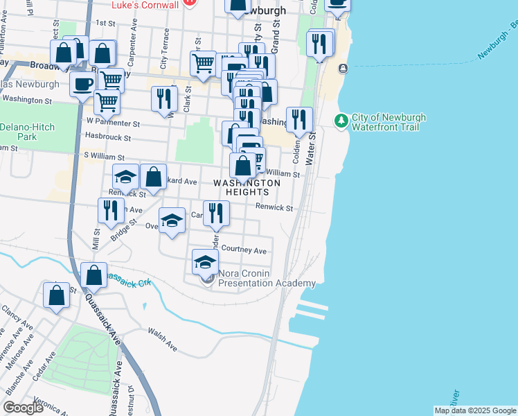 map of restaurants, bars, coffee shops, grocery stores, and more near 2-8 Johnes Street in Newburgh