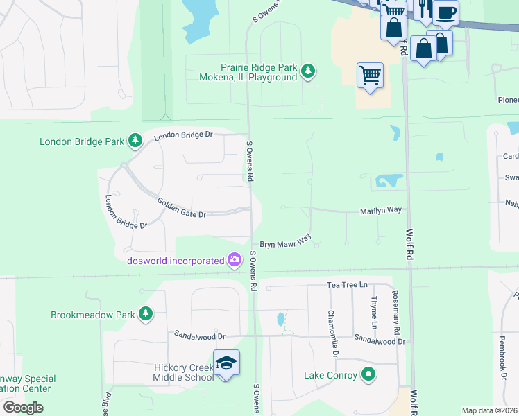 map of restaurants, bars, coffee shops, grocery stores, and more near 21707 South Owens Road in Mokena