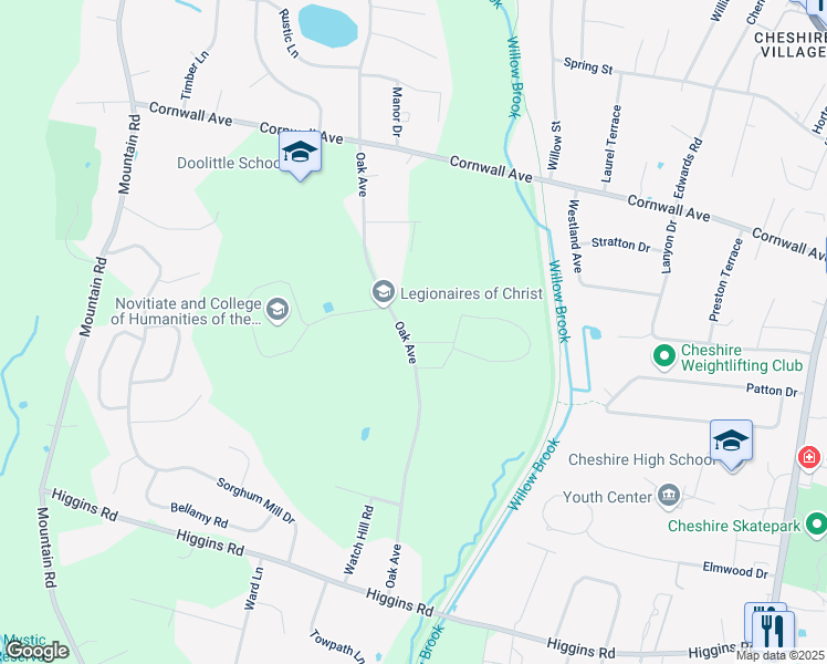 map of restaurants, bars, coffee shops, grocery stores, and more near 494 Oak Avenue in Cheshire